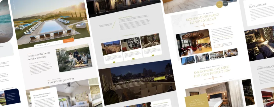 Collage of luxury hotel website designs showing modern layouts, large photography, elegant typography, and various interior and exterior hospitality scenes.